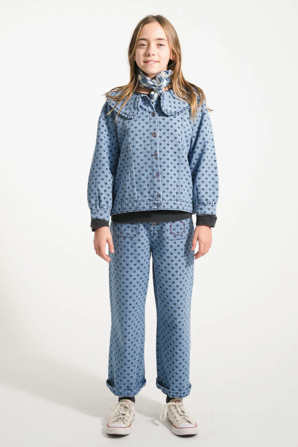 Flare Trousers | Washed Blue Denim w/ Black Hearts