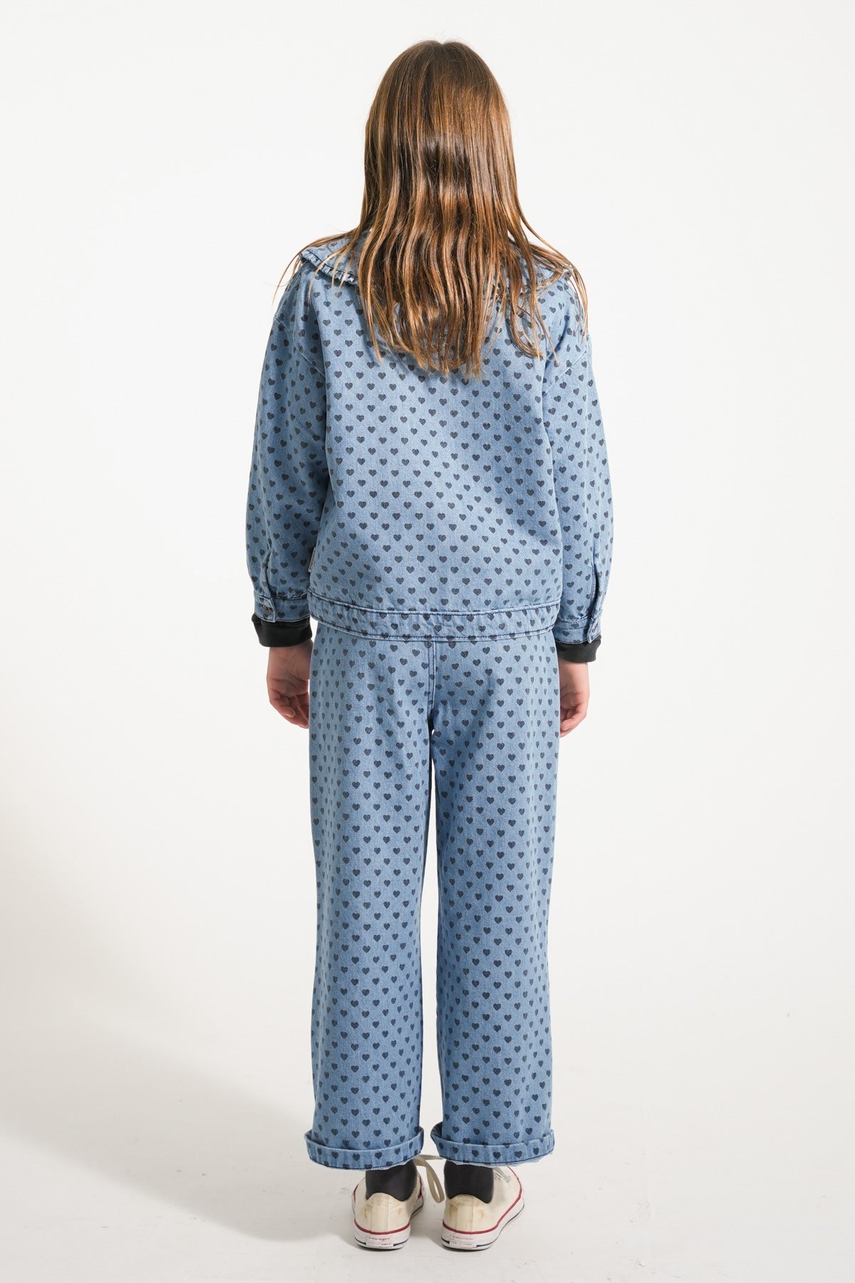 Flare Trousers | Washed Blue Denim w/ Black Hearts